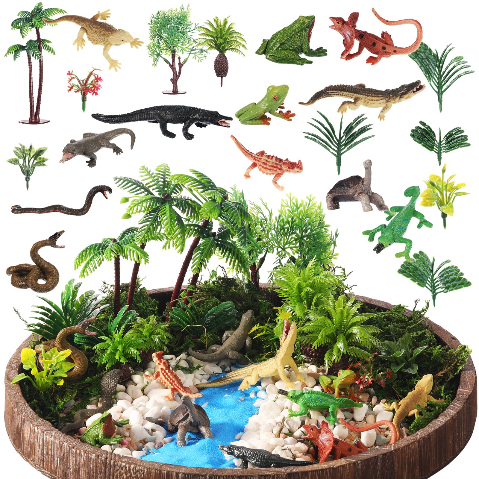 Photo 1 of 26 Pcs Amphibious Animals Figurines Toys Diorama Project Kit Plastic Reptile Lizard Snake Playset Cake Toppers Model Trees for Kids Toddlers Educational Learning Birthday Gift(Tray Not Included)
