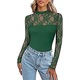 Zeagoo Long Sleeve Shirts for Women's Lace Tops Mesh Sheer Crew Neck Shirts Sexy Spring Going Out Blouse