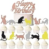 48PCS Funny Cat Cupcake Toppers Picks and 1PC Glitter Rose Gold Happy Birthday Cake Topper Party Favors Decorations Cat Party