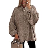 PRETTYGARDEN Women's Winter Button Down Cardigan Sweaters Mock Neck Lantern Long Sleeve Chunky Knit Jacket Trendy Outerwear