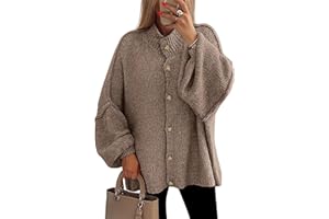 PRETTYGARDEN Women's Winter Button Down Cardigan Sweaters Mock Neck Lantern Long Sleeve Chunky Knit Jacket Trendy Outerwear