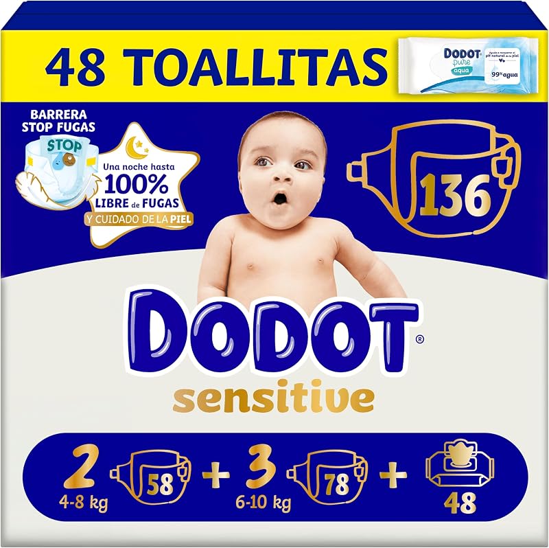 Sensitive Kit Recién Nacido Pañales + toallitas, 58 Pañales de la Talla 2 + 78 Pañales de la Talla 3 + 48 Toallitas Pure Aqua para Bebe, 99% Agua