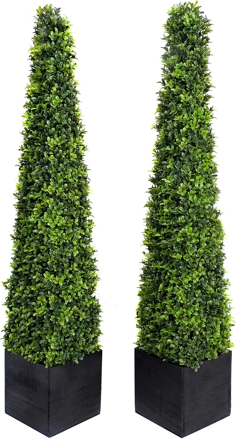 2 x Artificial Boxwood Topiary Pyramid Trees in Black Square Planter