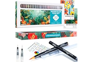 AOTEMOON 32 Watercolor Pens Set Includes 26 Vivid Colors, Real Brush Tips Paint Markers Set with 2 Blender Pens, Watercolor Pad and Coloring Pad, Art Supplies Gifts for Girls Teens Beginners