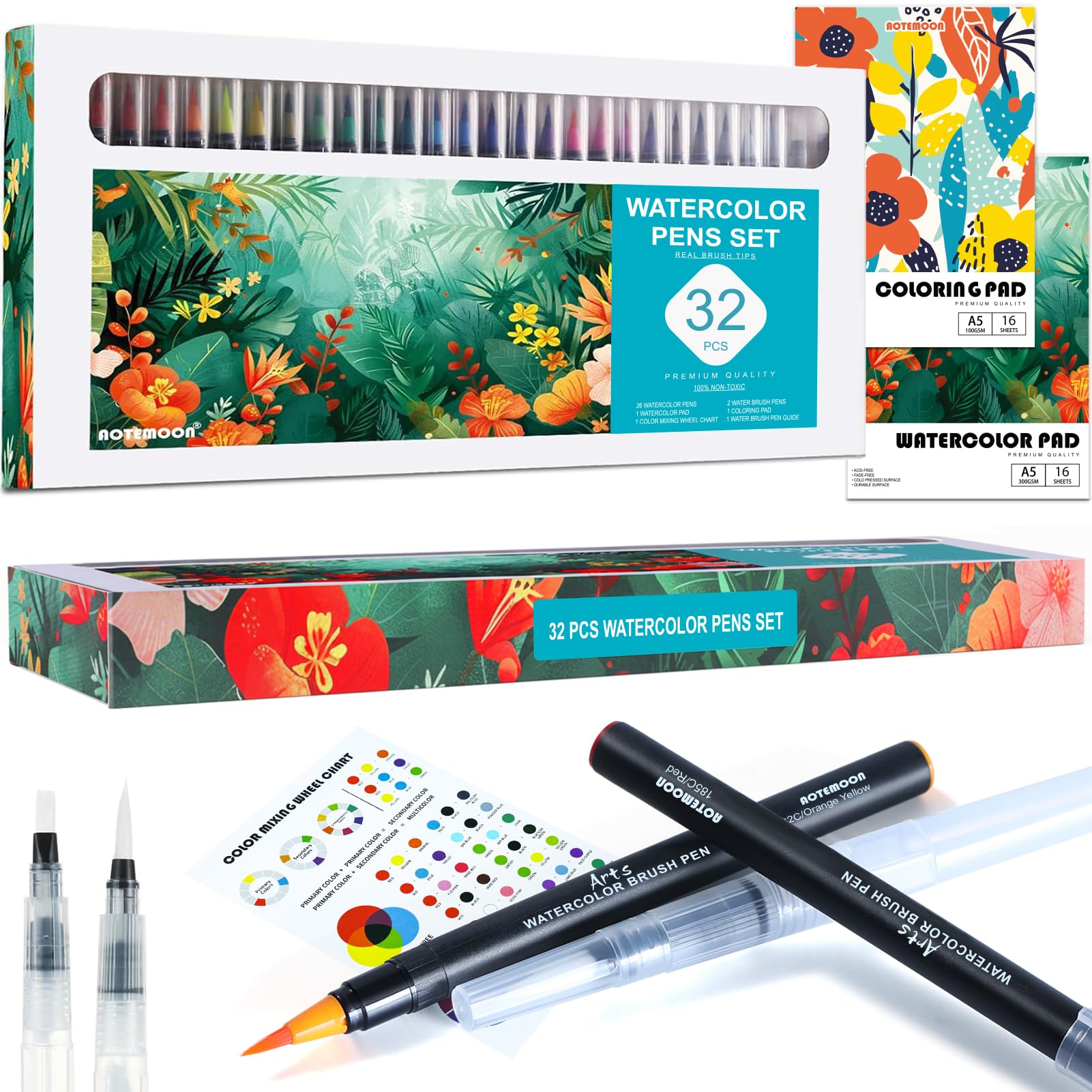 Photo 1 of 32 Watercolor Pens Set Includes 26 Vivid Colors, Real Brush Tips Paint Markers Set with 2 Blender Pens, Watercolor Pad and Coloring Pad, Art Supplies Gifts for Beginners Young Artists and Adults