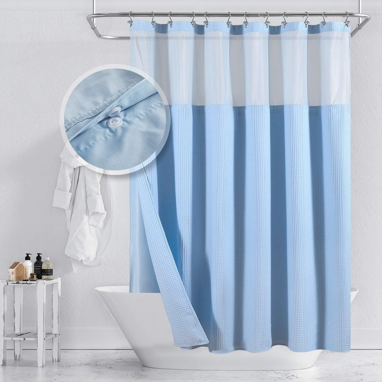 Hotel Style Cotton Shower Curtain with Snap-in Fabric Liner, Mesh Window Top, Honeycomb Waffle Weave Cotton Blend Fabric, Washable, White, 71x72 Inches: Home & Kitchen