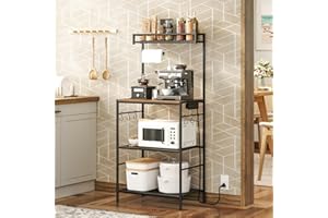 MAHANCRIS Bakers Rack with Storage, Microwave Stand with Paper Holder, Bakers Rack with Power Outlet, Coffee Bar Station with 6 Hooks, for Kitchen, Dining Room, Rustic Brown and Black BRHR36E01