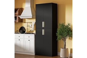 Housoul 71" Tall Pantry Cabinet, 4 Doors Kitchen Pantry Storage Cabinet, Freestanding Larder Cupboard, Kitchen Hutch Cabinet, Utility Pantry with Gold Handles for Kitchen, Dining Room, Bathroom, Black