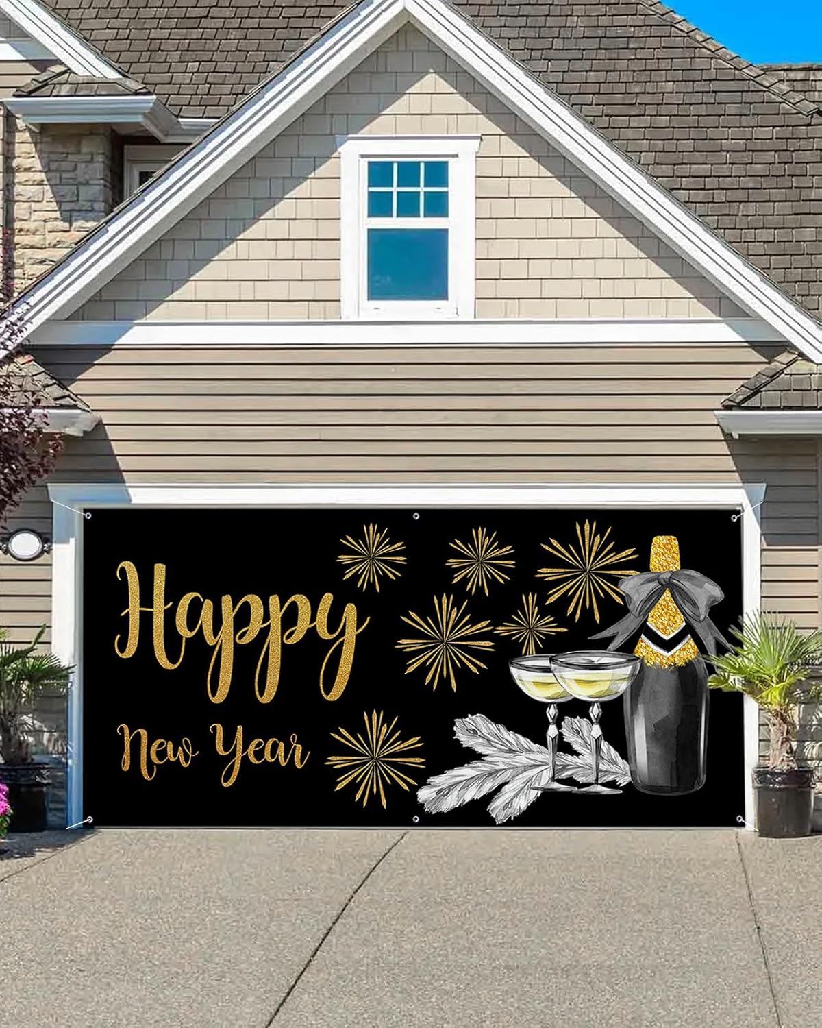 Garage Door Decorations - Wohnkutu Garage Door Cover Banner 6x13 Ft, Happy New Year, Garage Door Decorations for Christmas/Thanksgiving, Black Gold Silver Large Hanging Backdrop Door Covers for Outdoor Holiday