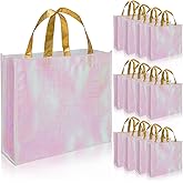 PHOGARY 12 Large Gift Bags with Handles, for Birthday Wedding Party Favor Christmas Wrap, Reusable Glossy Grocery Bags, non-woven fabric, Holo Pink