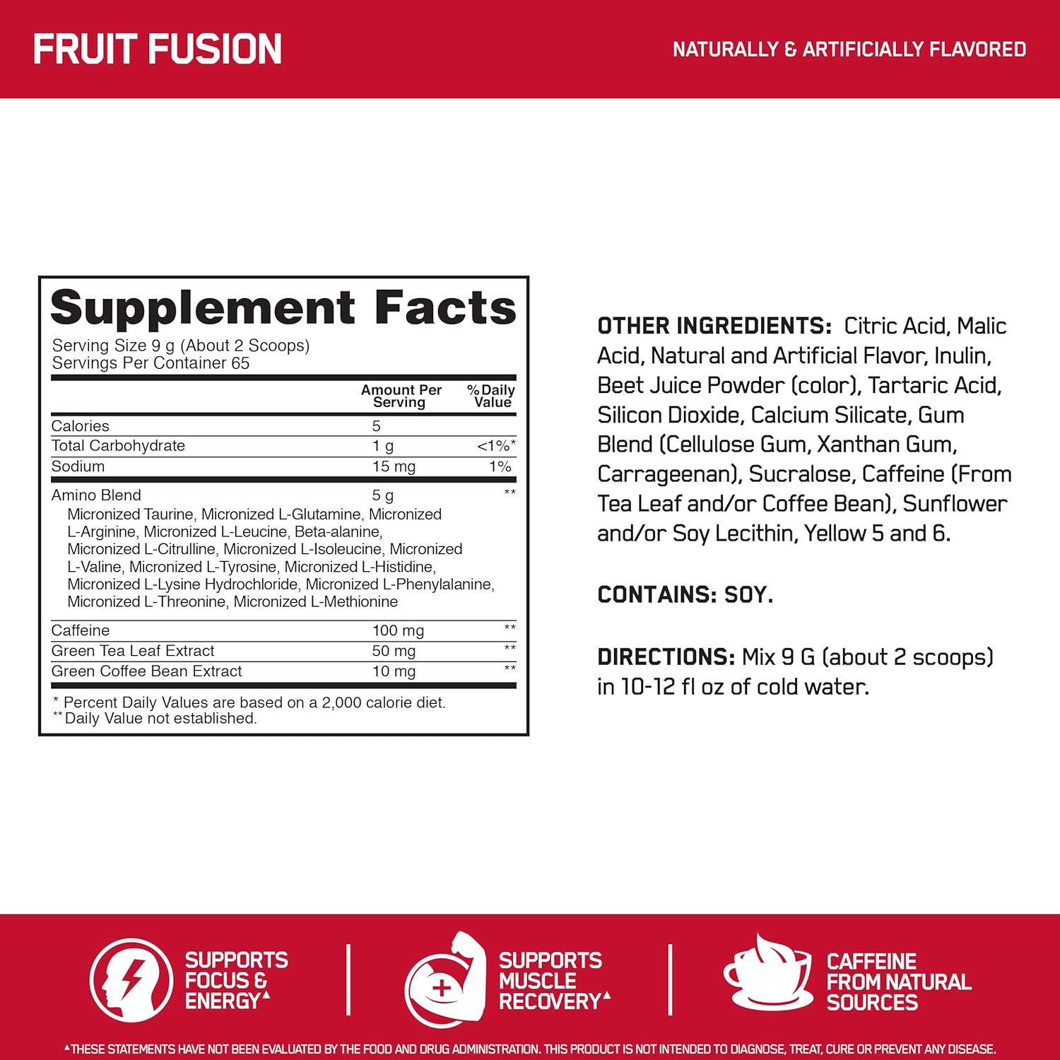 Optimum Nutrition Amino Energy - Pre Workout with Green Tea, BCAA, Amino Acids, Keto Friendly, Green Coffee Extract, Energy Powder - Fruit Fusion, 65 Servings: Health & Personal Care