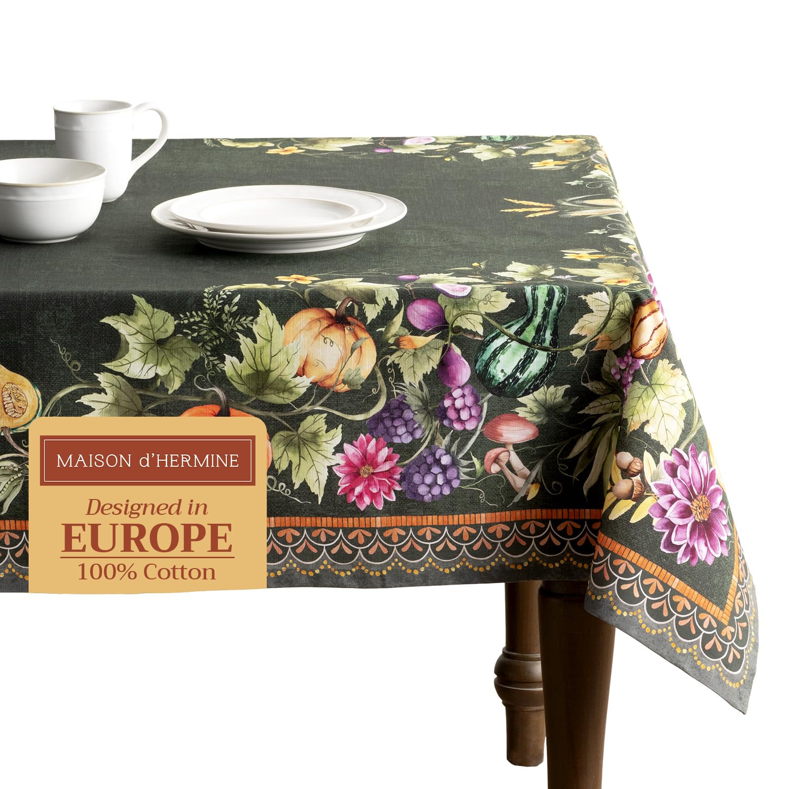 Maison d' Hermine Table Cloth Rectangle Table 100% Cotton 230 cm x 140 cm Tablecloth Reusable Everyday Use for Christmas Decorations Dining Farmhouse Home Party Festive (Pumpkin Garden - Dark Green)