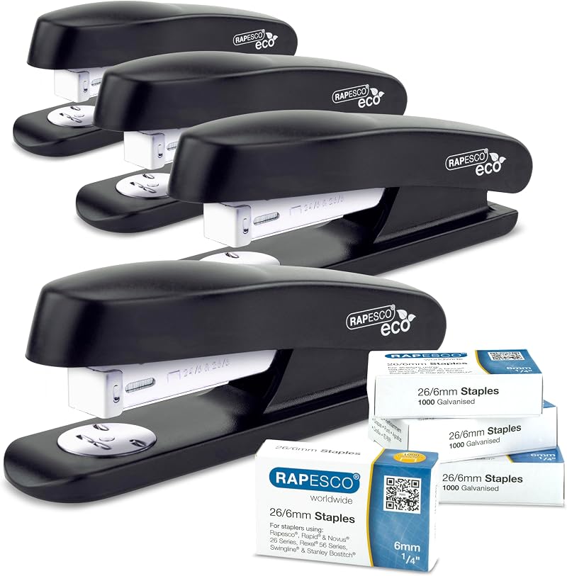 Rapesco 1756 Business Pack: 4 ECO Half Strip Staplers and 4 Boxes Staples