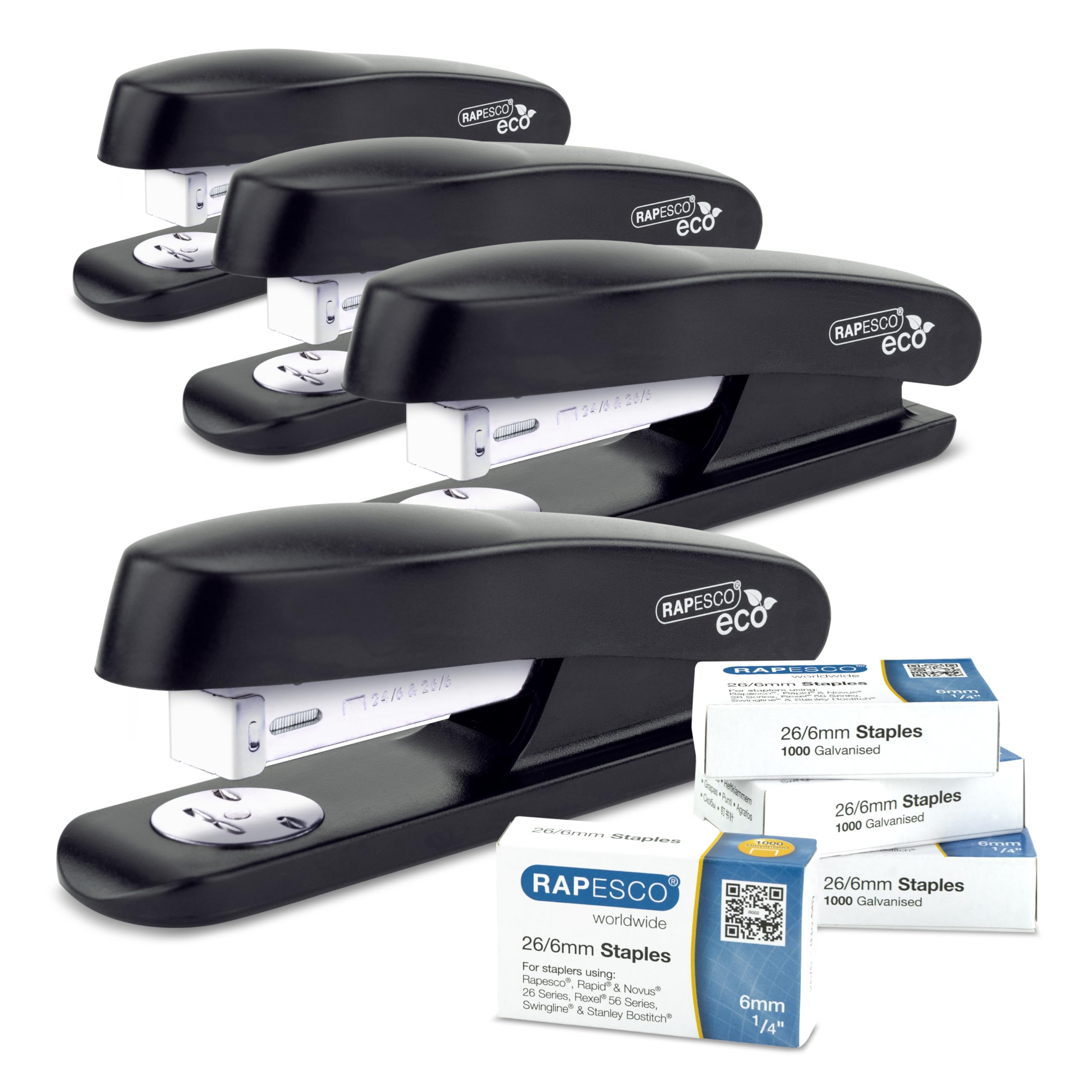 Rapesco 1756 Business Pack: 4 ECO Half Strip Staplers and 4 Boxes of 1000 26/6mm Staples, 20 Sheet Capacity, Black