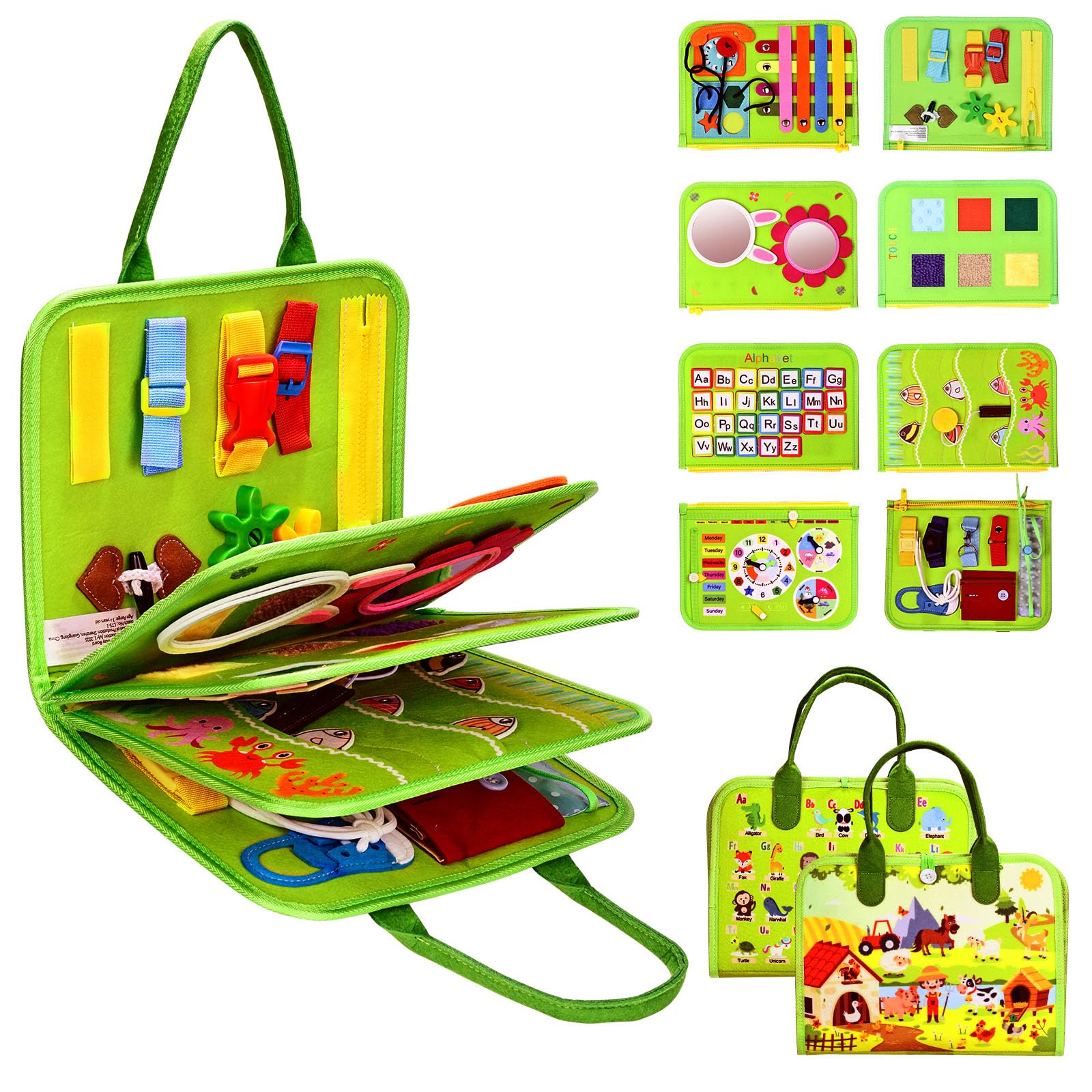 JHkim Busy Board Montessori Toys for Toddlers 1-3, Birthday Gifts for 1 2 3 4 Year Old Boy Girl, Autism Sensory Travel Toy, Educational Activity Book Board for Learning Fine Motor Skills Toys, Green Image JHkim Busy Board Montessori Toys for Toddlers 1-3, Birthday Gifts for 1 2 3 4 Year Old Boy Girl, Autism Sensory Travel Toy, Educational Activity Book Board for Learning Fine Motor Skills Toys, Green Image