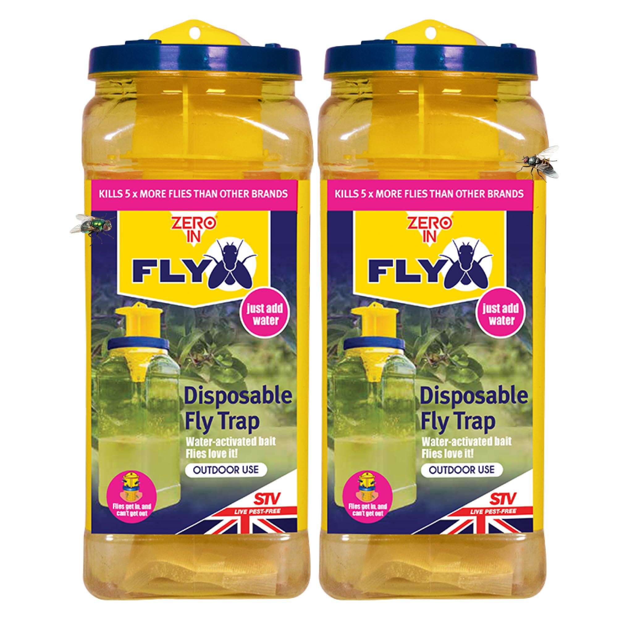 Zero In Ready Baited Disposable Fly Trap - Single-Use Water-Activated Fly Catcher - 4-Week Protection, Easy Setup & Disposal with Hang-Tab - Attracts Flies Up to 10 Metres - Twin-pack