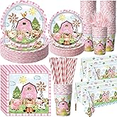Potchen 452 Pcs Party Supplies Serve 50 Guests, Paper Plates Napkins Cups Cutlery Plastic Tablecloth Dinnerware for Birthday Wedding Party Decoration(Pink Green,Farm Animals)
