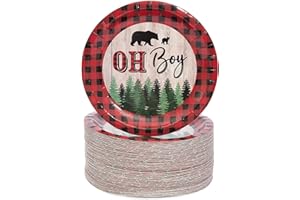Oh Boy Lumberjack Buffalo Plaid Baby Shower Party Paper Plates 7 inches for Cake Dessert (80 Pack)