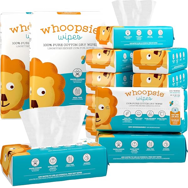 WHOOPSIE WIPES – THE ORIGINAL 100% PURE COTTON DRY BABY WIPES – ULTRA SOFT, UNSCENTED, CHEMICAL-FREE WIPES FOR SENSITIVE SKIN – USE DRY OR ADD WATER FOR WET WIPES – 12 PACKS (1200 COUNT)