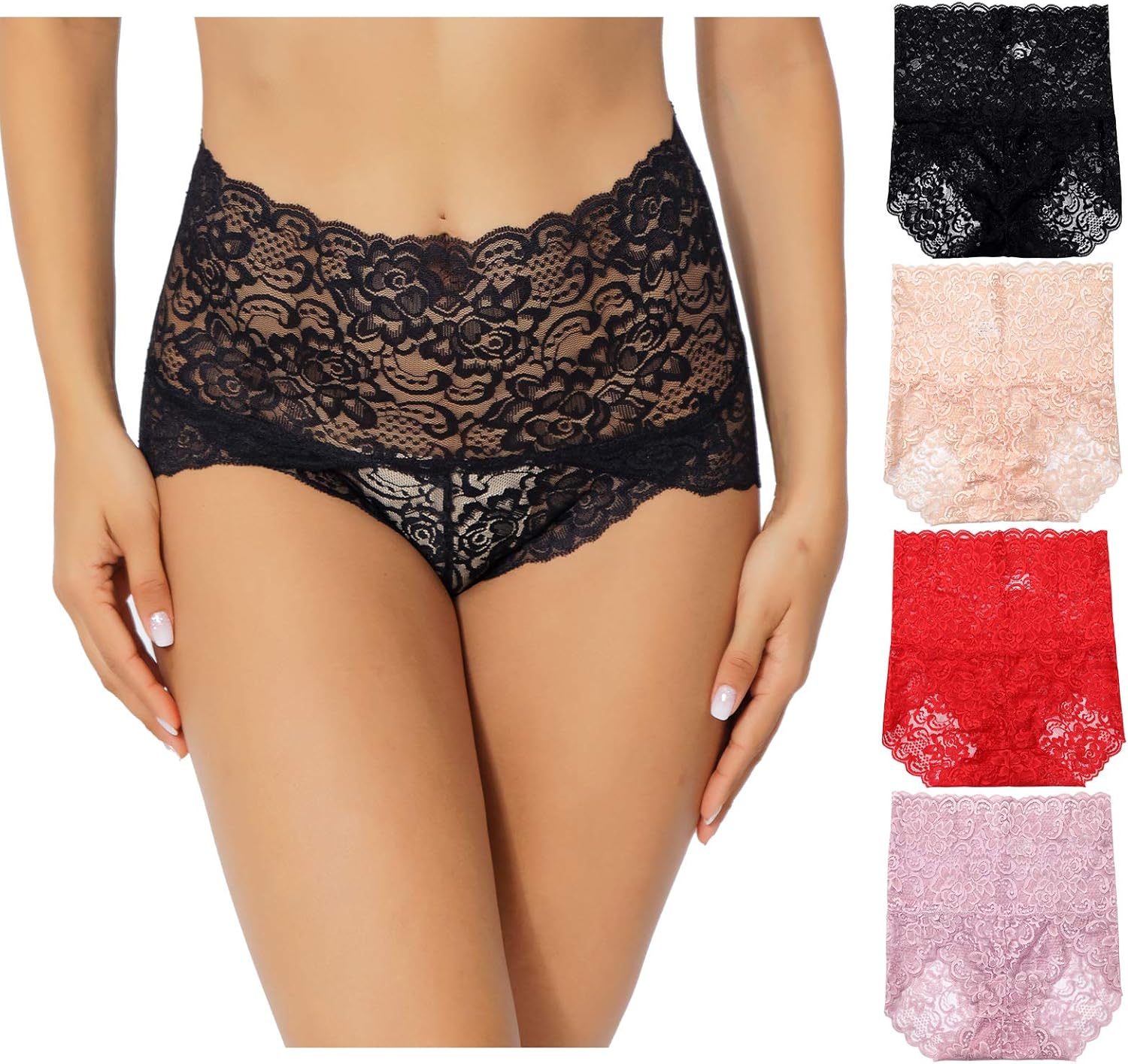 KYY Women's Sexy Lace Panties High-Rise Tummy Control Lingerie Underwear Briefs Floral Lace 4 Pack at  Women’s Clothing store