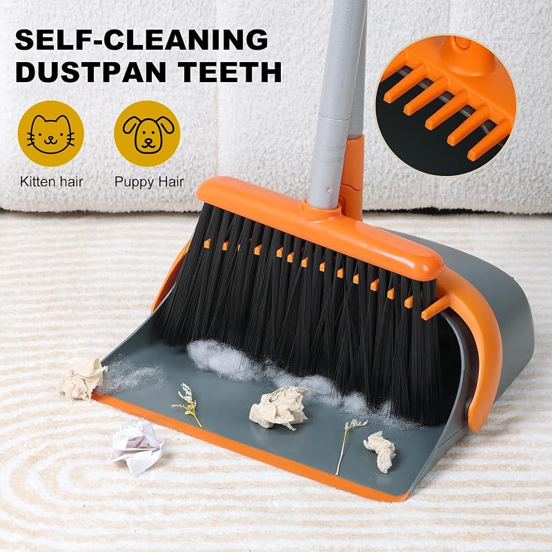 Set mit Besen und Kehrschaufel, ideal für eine effektive Reinigung zu Hause, 137 cm langer Griff (orange und grau)
