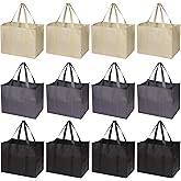 DIOMMELL Set of 12 Reusable Grocery Bags Large Foldable Heavy Duty Shopping Tote Produce Bag with Reinforced Handles for Groceries Clothes Vegetables Fruit, Black Grey Beige