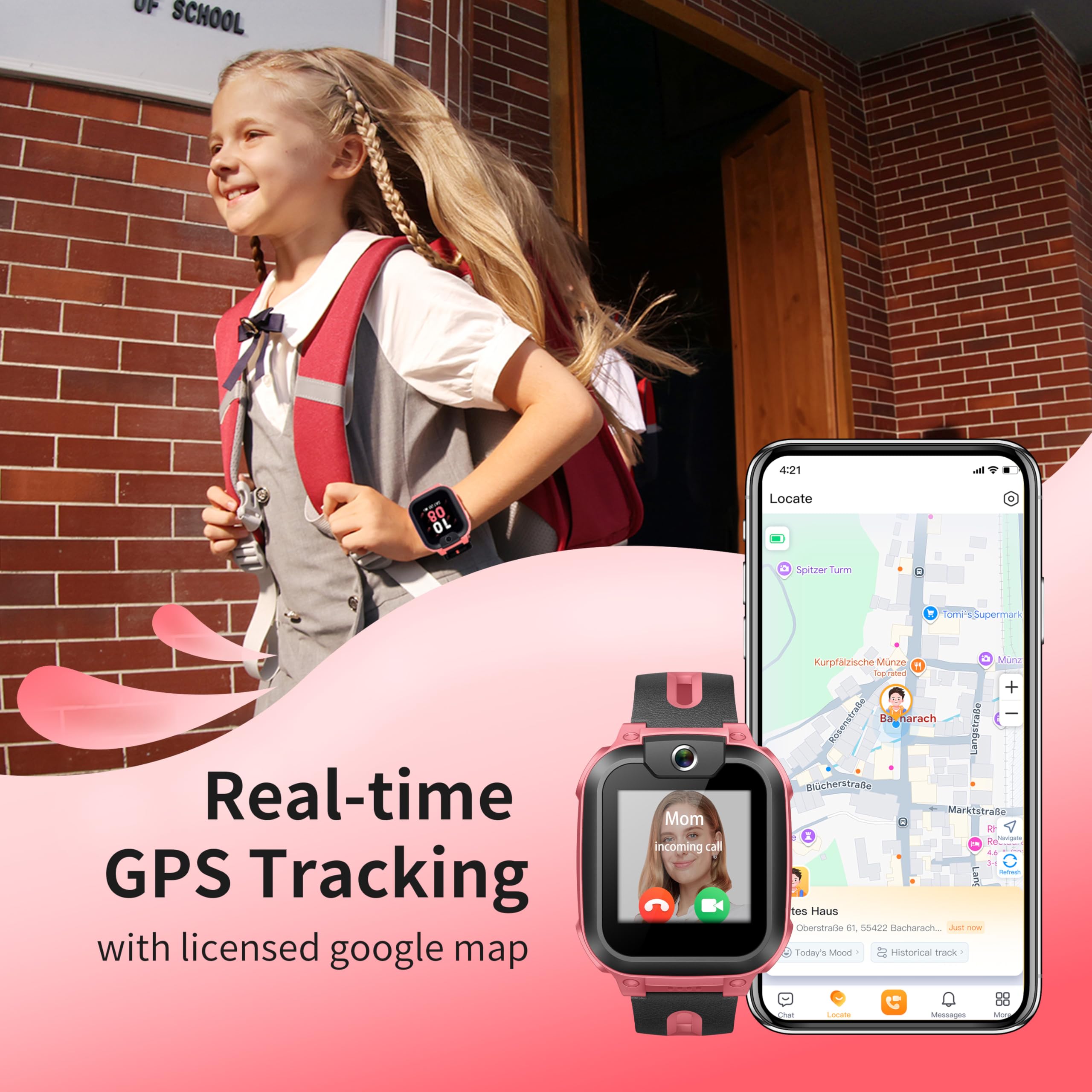 imoo Watch Phone Z1 Kids Smart Watch, 4G Kids Smartwatch with Video and Phone Call Durable, GPS Watch with Real Time Location and IPX8 Water Resistance (Pink)