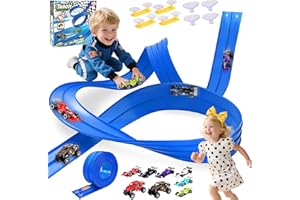 SPOILU Flexible Race Track for Kids - 16.4 Feet Compatible with Diecast 1/64th Cars, with Suction Cups and 4 Flex Track Race Cars, Pista De Carros para Niños, for Grandkids (Blue)