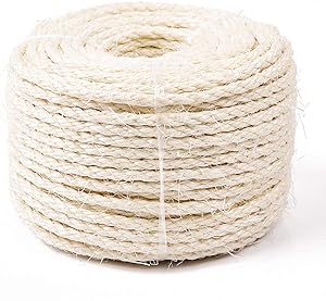 Yangbaga Cat Natural Sisal Rope for Scratching Post Tree Replacement, Hemp Rope for Repairing, Recovering or DIY Scratcher, 6mm Diameter, Come with a Sisal Ball