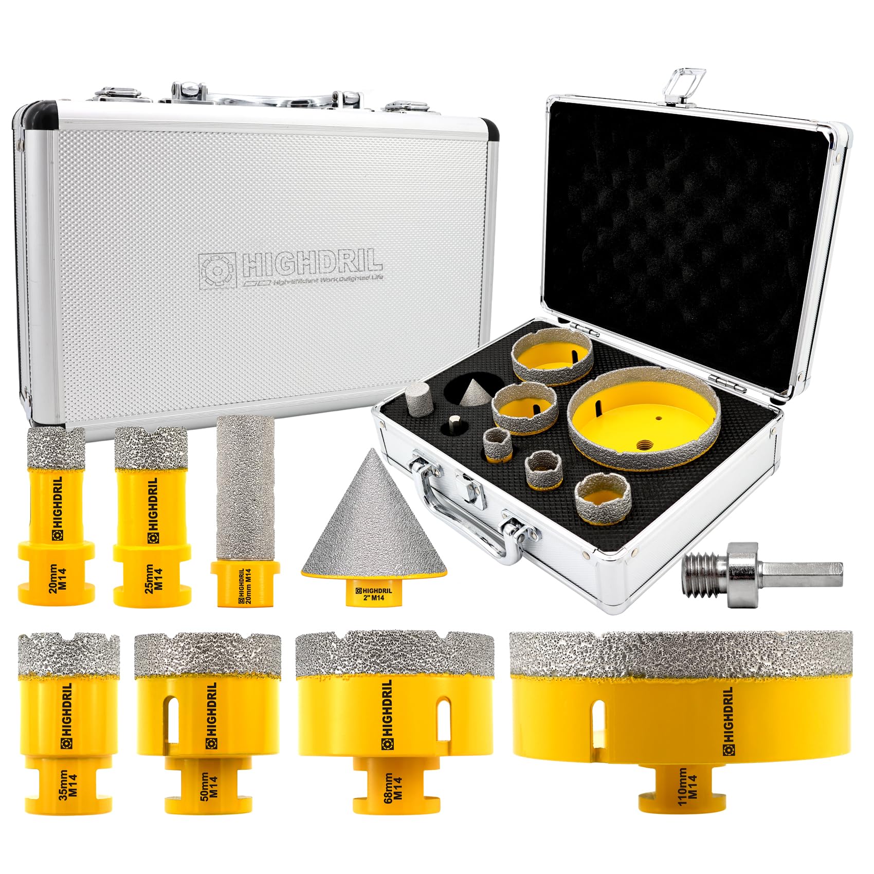 HIGHDRIL Diamond Hole Saw Kit - 20/25/35/50/68/110mm Drill Bits+20mm Finger Bits+50mm Chamfer Bit+Adapter,9Pcs Diamond Core Drill Bit Set for Porcelain Ceramic Tile Granite Marble