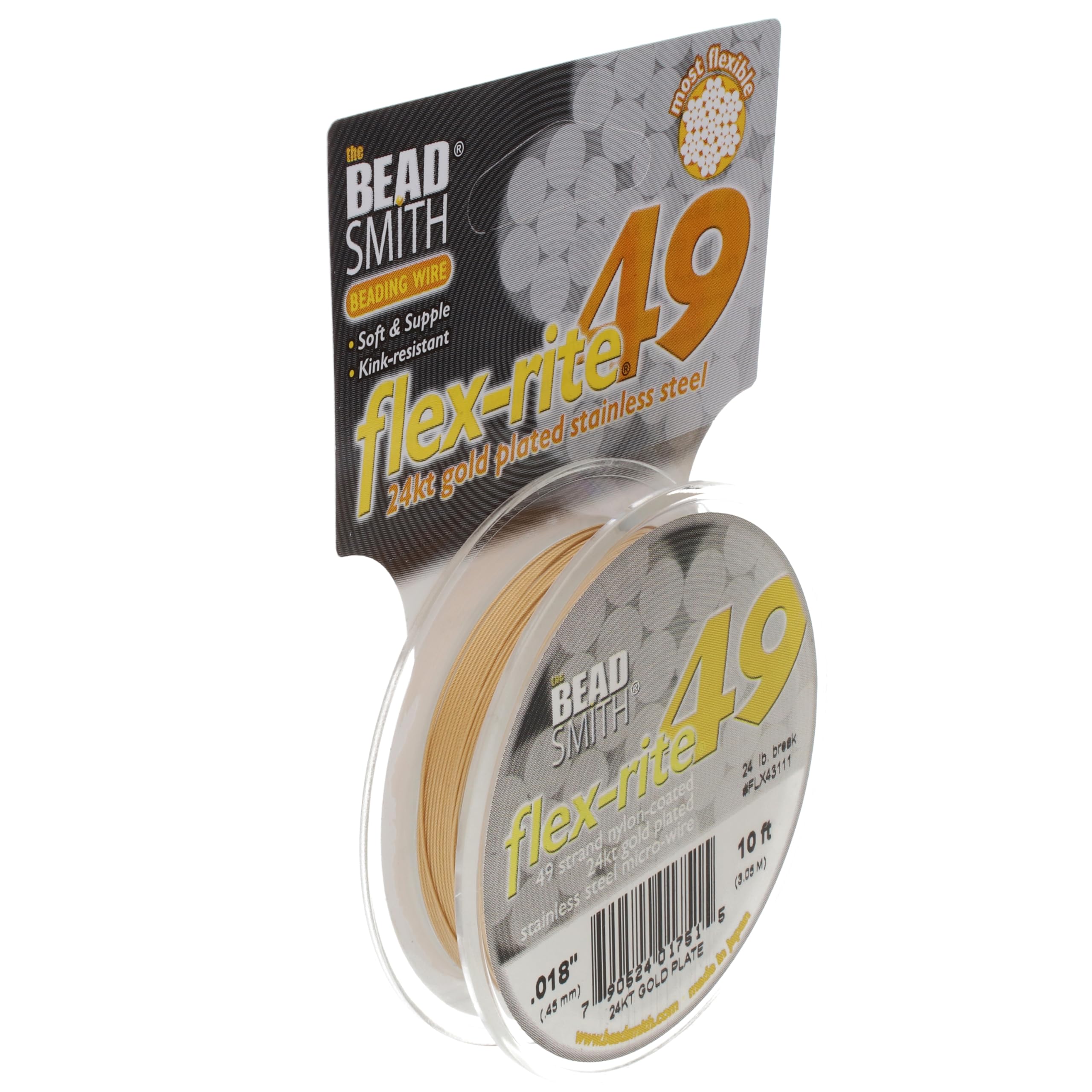 Beadsmith Flex Rite 24Kt Gold Plated Stainless Steel Beading Stringing Wire .018 Inch 10 Feet Nylon Coated 49 Strand Professional 24 Lb Break