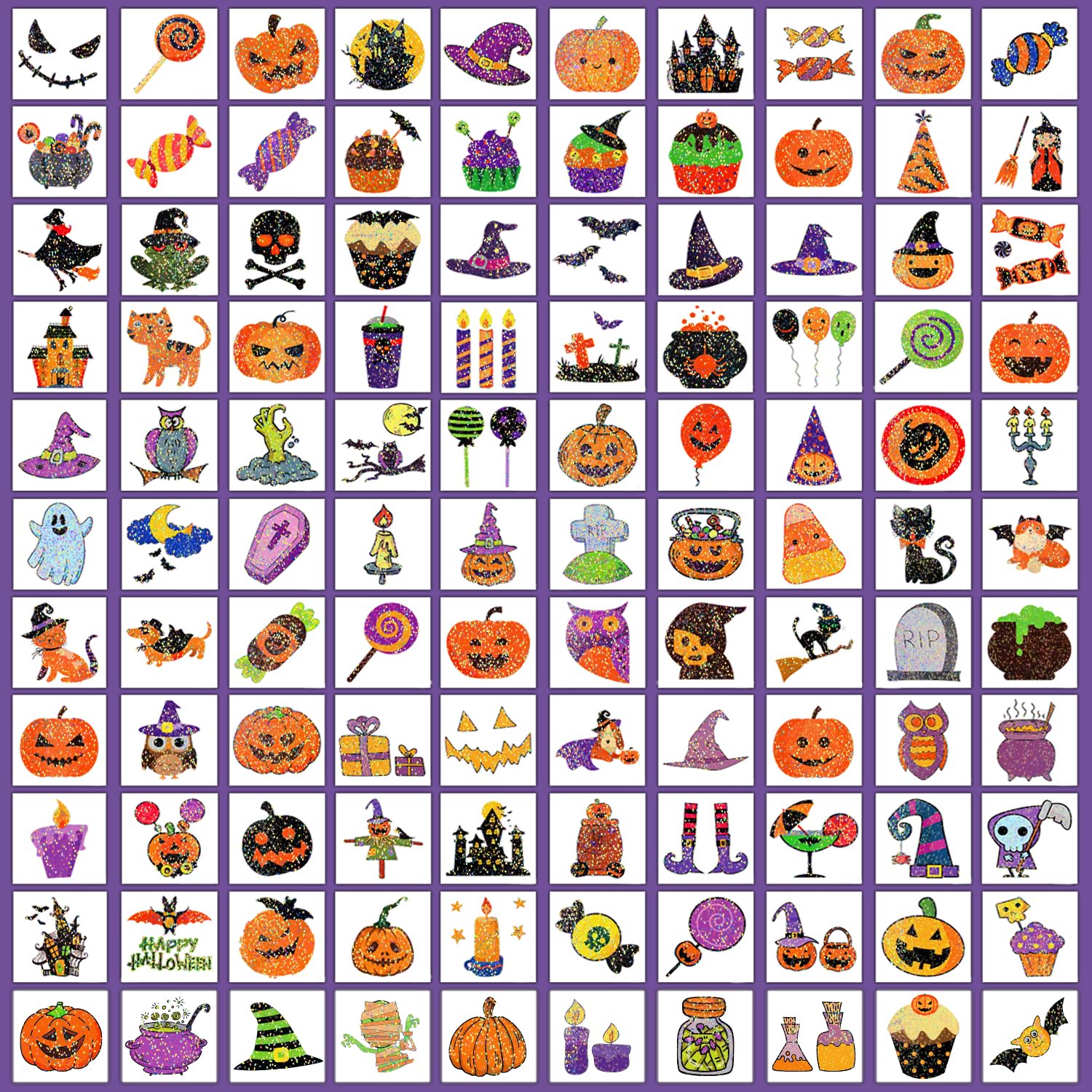 Partywind 204 PCS Glitter Halloween Tattoos for Kids Treats, Halloween Party Decorations Supplies for Boys Girls, Tattoo Stickers for Halloween Goodie Bag Stuffers (Individually Wrapped Sheets)