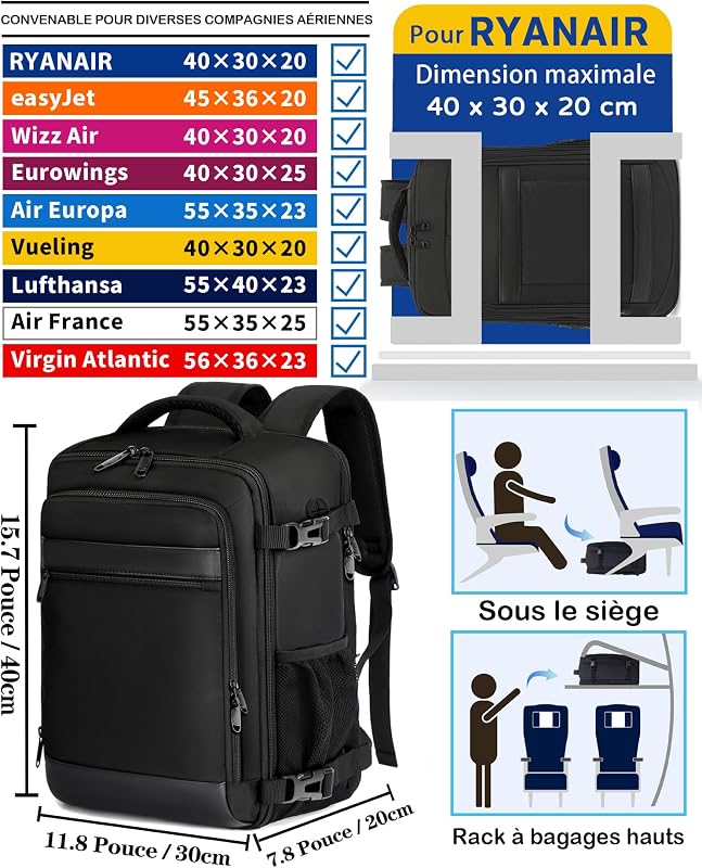 Sac à dos Voyage Cabine Avion 40x30x20 Bagage Cabine pour Ryanair easyJet Eurowings 24L Sac à dos Anti-vol pour Ordinateur 15,6 Pouces Homme Femme Noir