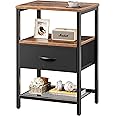 Huuger Night Stand with Fabric Drawer, Side Table with Mesh Shelf, Bedroom Nightstand, Fabric Drawer Dresser, Open Shelf, Metal Frame, Couch Side, Rustic Brown and Black