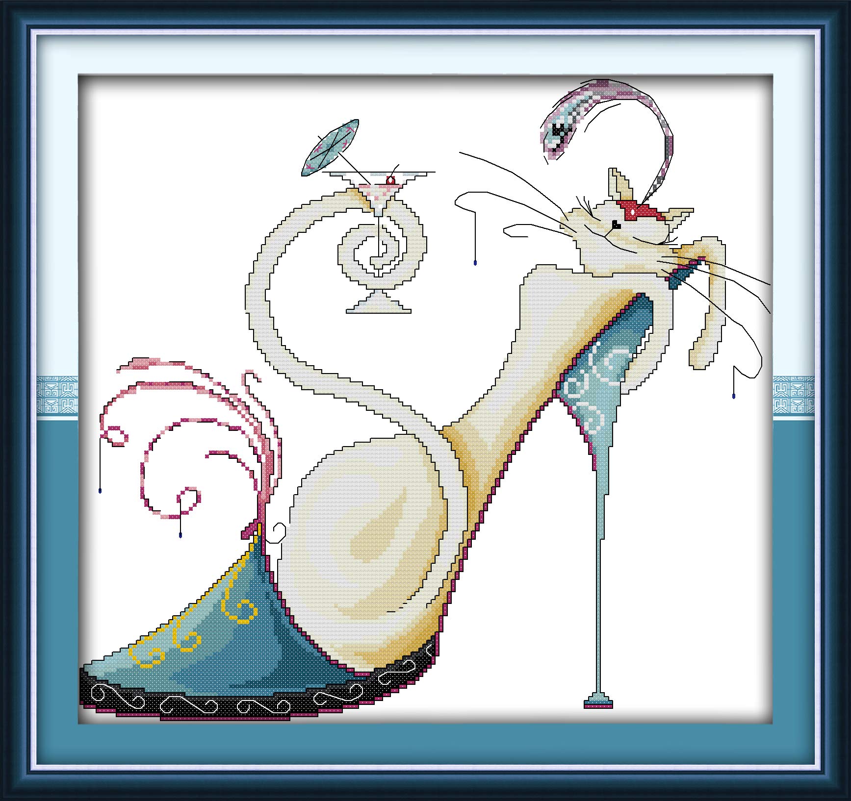 OWN4B Cross Stitch Kits Stamped, Fashion High Heels and a Cat Printed Pattern 11CT 19.7x18.1 inch DIY Embroidery Kit
