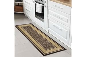 OTTOMANSON Machine Washable Bordered Design Non-Slip Rubberback 2x7 Traditional Runner Rug for Hallway, Kitchen, Bedroom, Living Room, 1'10" x 7', Brown