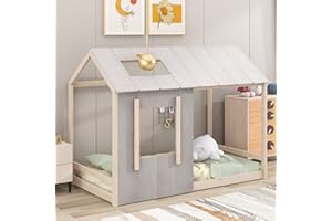 MERITLINE Twin Wooden Bed Frame, Montessori Bed with Roof and Window, Playhouse Design for Kids, Girls & Boys (Antique Grey & Antique White)