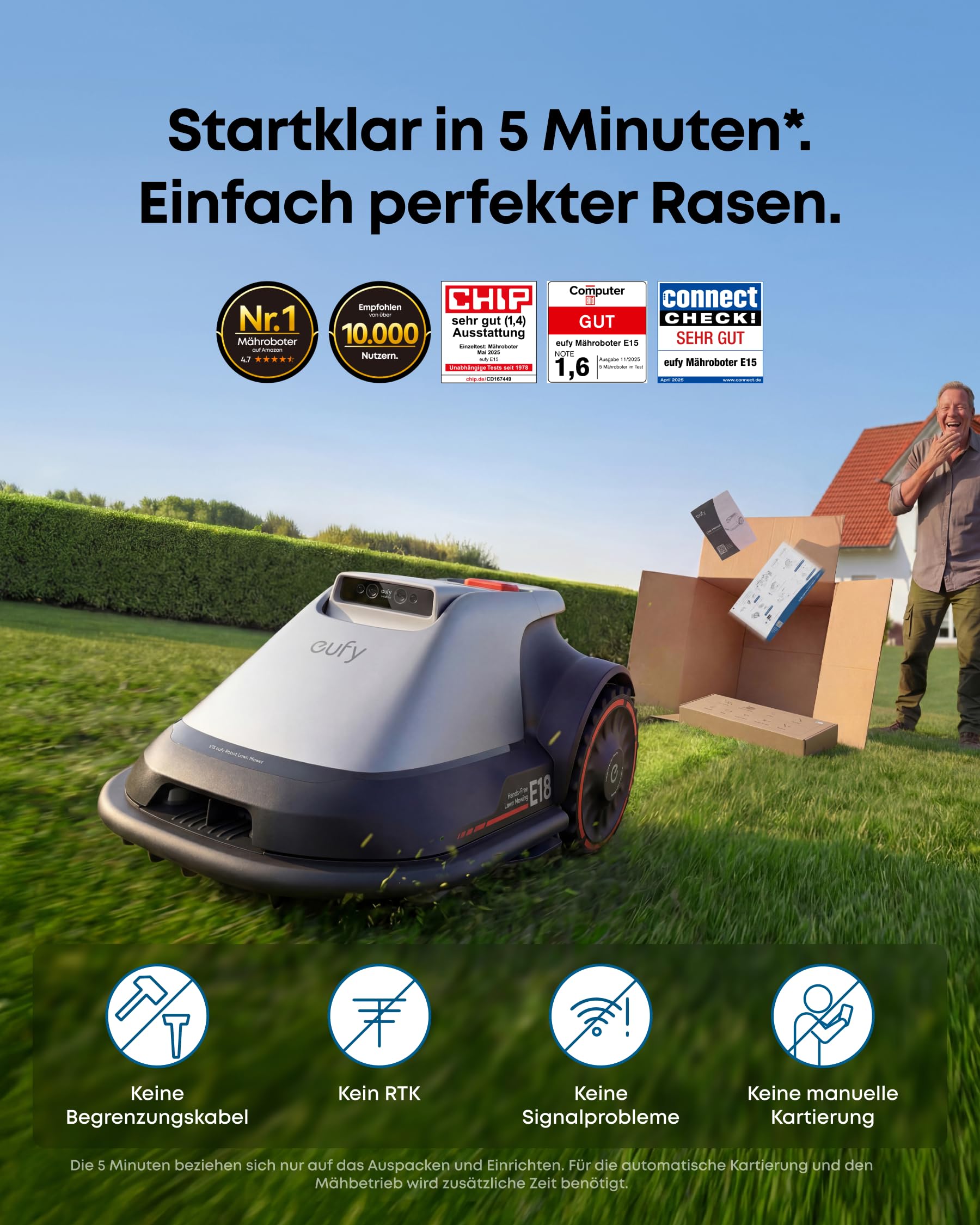 eufy E18 Mähroboter ohne Begrenzungskabel, bis 1200m², ohne RTK & Signalausfälle, TrueVision Technologie, GNSS, Präzisionsrandschnitt, Hindernisvermeidung, App-Steuerung, tierfreundlich & igelsicher 2