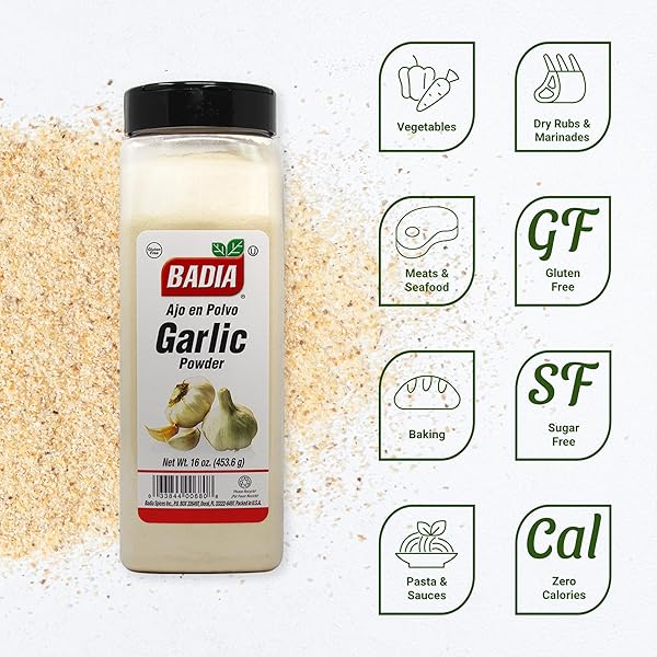 BADIA GARLIC POWDER, 16 OZ – PREMIUM GARLIC POWDER FOR COOKING, SEASONING & SPICE BLENDS, FRESHLY GROUND AND FLAVORFUL