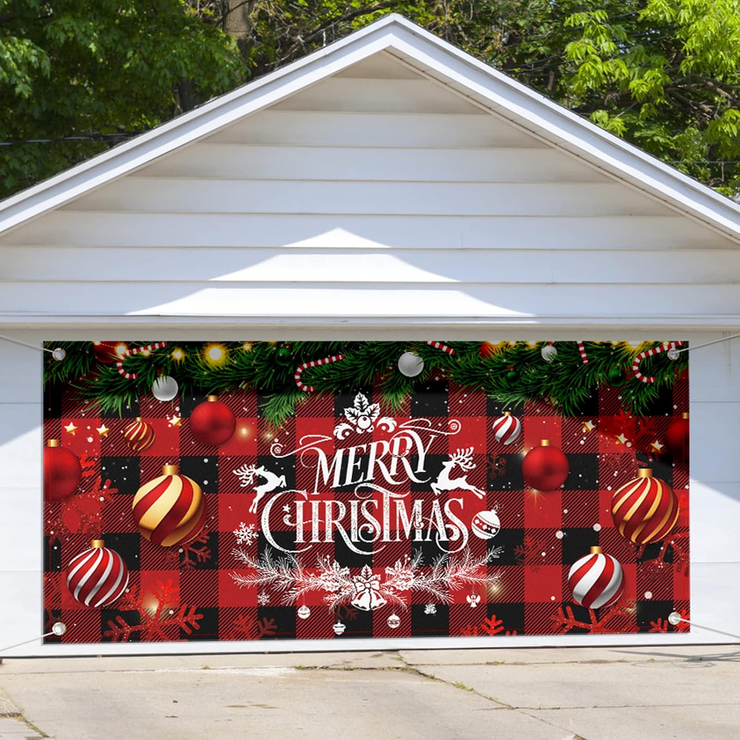 Garage Door Decorations - Jetec Christmas Garage Door Banner Large 6 x 13 ft 2023 Merry Christmas Backdrop Decoration Happy New Year Outdoor Cover Xmas Garage Banner Decor for Holiday Christmas Background (Red and Black Plaid)