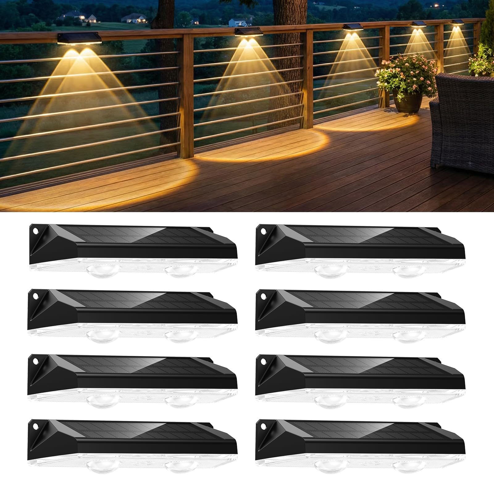 Brightown 8 Pack Solar-Fence-Lights-Outdoor, IP65 Waterproof Warm White & RGB 11 Color Solar Deck Step Flood Lights, Solar Patio Lights for Outside Backyard Yard Home Improvement Wall Railing Image