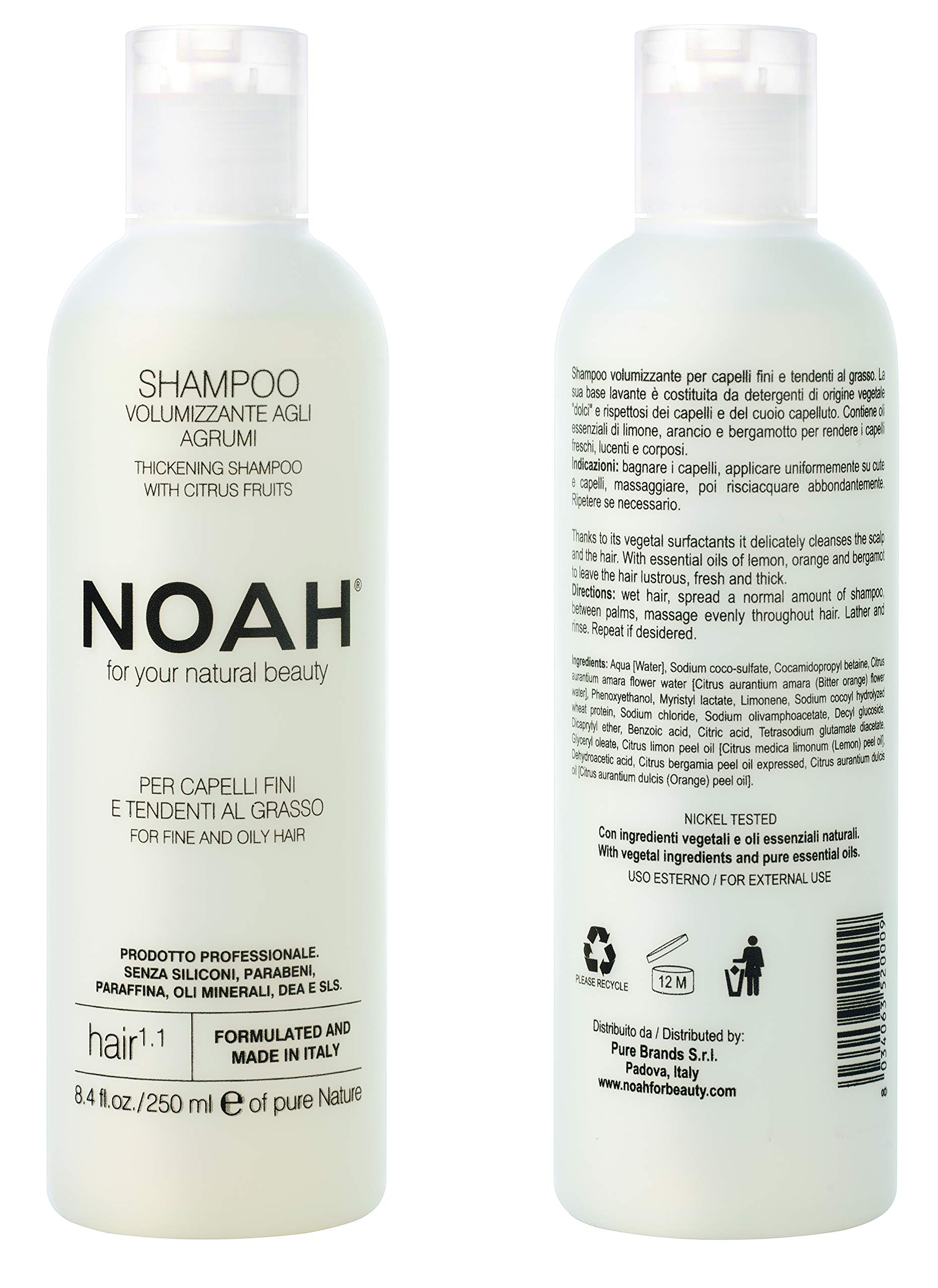 Noah Natural Volumizing Shampoo 1.1 for Fine Oily Hair, Citrus Oils, Wheat Proteins, Plant-Based Formula, Vegan, Cruelty-Free, Nickel Tested, Paraben, Silicone-Free, 250ml