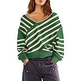Panadila Womens Striped Off Shoulder Sweater Oversized Long Sleeve V Neck Sweater Tops Knitted Color Block Pullover