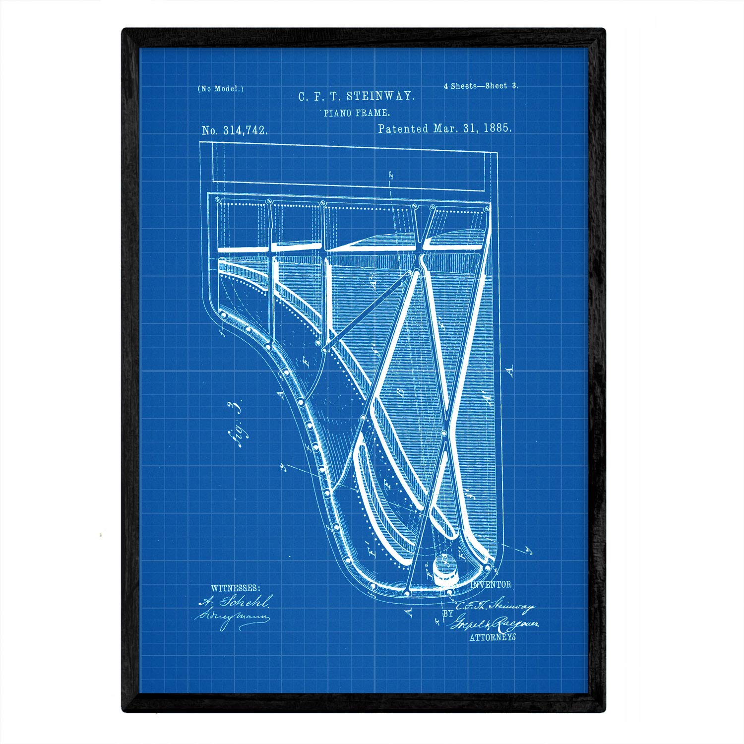 Nacnic Poster patent Piano 2. Foil with old design patent in A3 size with blue background