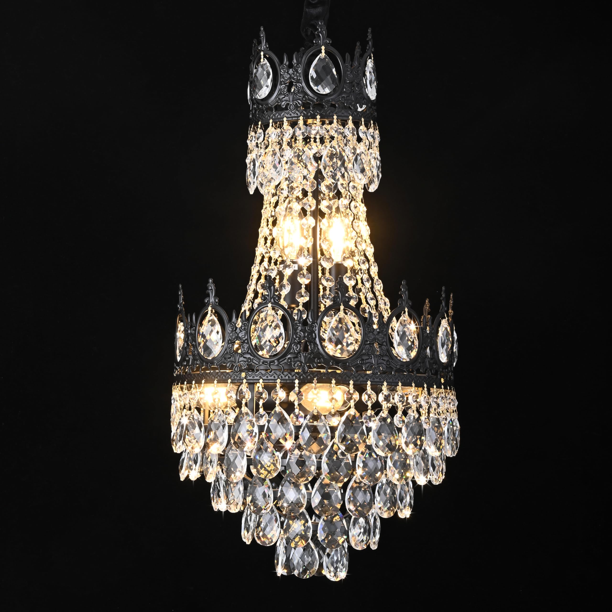 Photo 1 of KoKo&Yukina Chandelier, 12'' Black French Empire Light Fixture, 6-Light K9 Crystal, Adjustable Hanging, for Hallway Entryway Kitchen Foyer