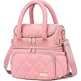 Weitars Lunch Bag for Women Men,Double Deck Lunch Box for Women,Quilted Lunch Tote for Work,Insulated Lunch Cooler Leakproof Lunchbox for Adult with Shoulder Strap &Pockets for Picnic Hiking (Pink)