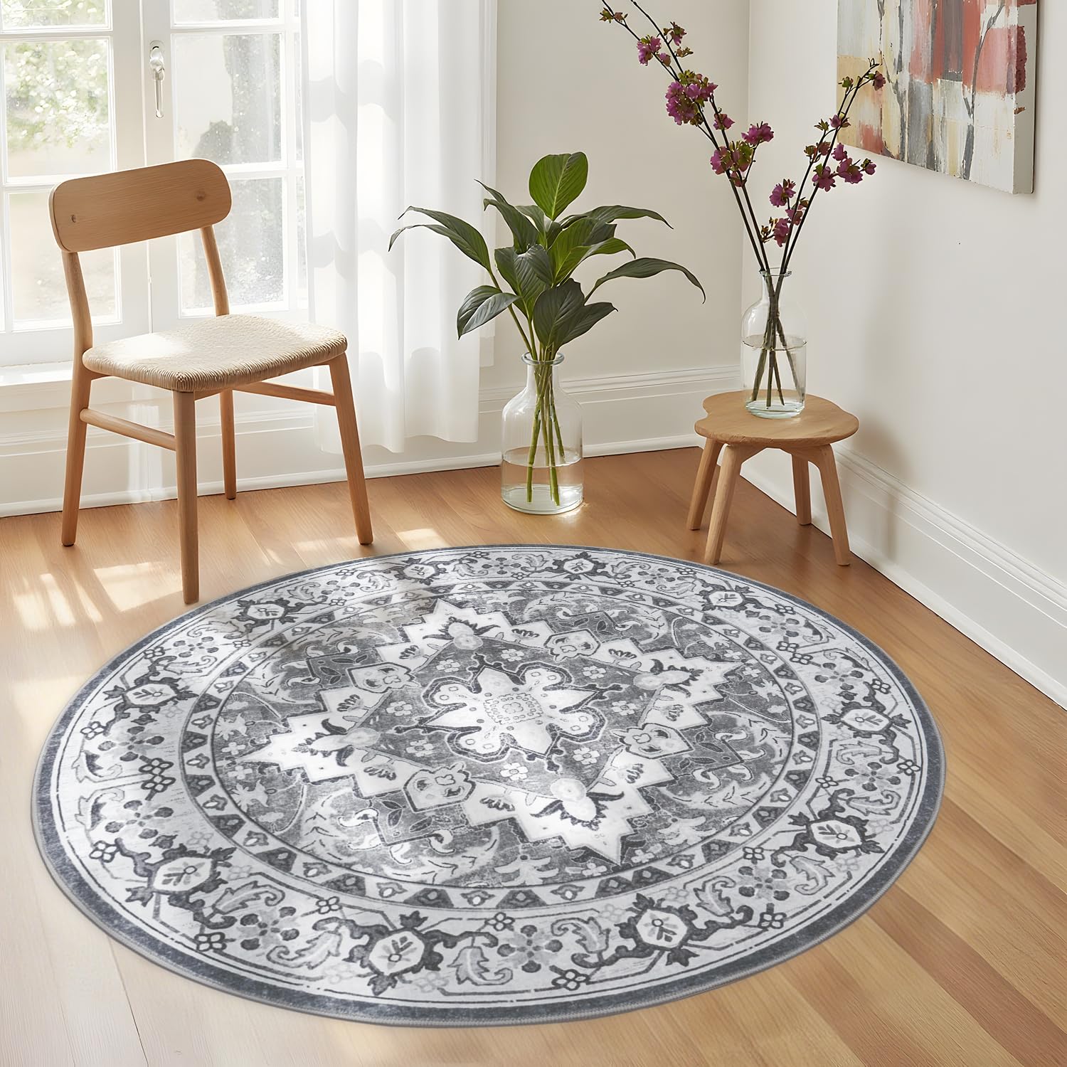 Lessymo 4FT Washable Round Area Rugs for Living Room, Non Slip Circle Rugs Low Pile Vintage Carpet for Bedroom, Dining Room, Nursery, Home Office, Grey Beige Image