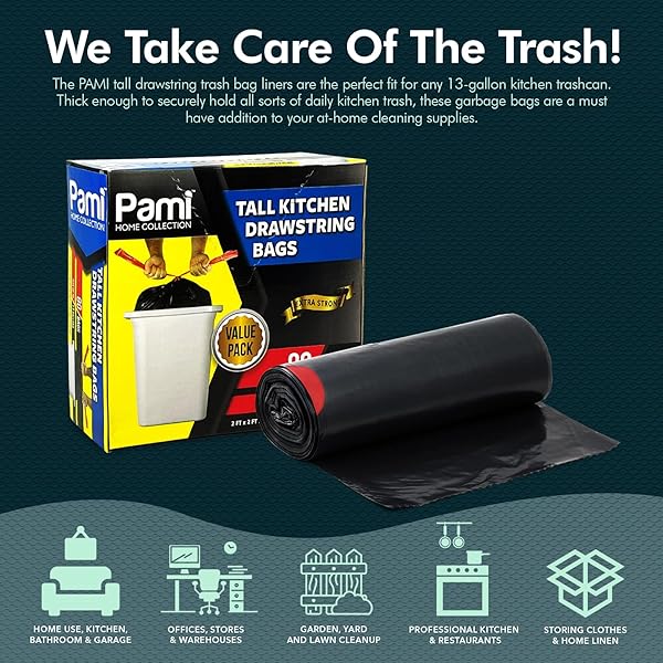 PAMI TALL 13-GALLON KITCHEN DRAWSTRING TRASH BAGS [80-PACK, BLACK] – EXTRA-STRONG PLASTIC GARBAGE BAGS- THICK TRASH CAN LINERS FOR KITCHEN, BATHROOM & OUTDOOR BINS- 2FT X2FT UNSCENTED TRASH BAGS