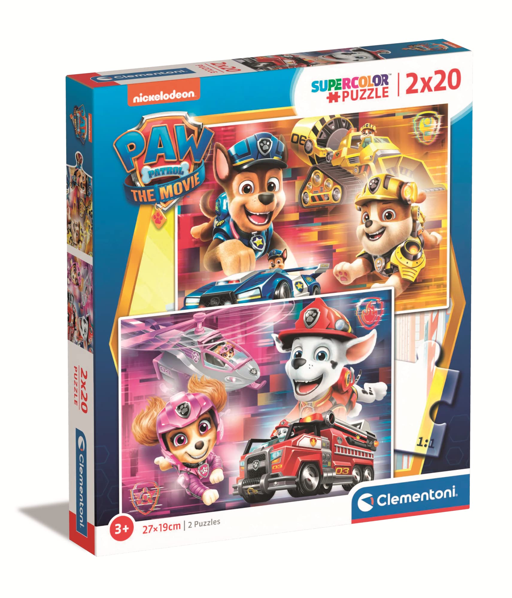 Clementoni - 24786 - Supercolor puzzle Paw Patrol The Movie - 2 x 20 pieces - jigsaw puzzles for kids age 3 - Made in Italy, cartoon puzzles
