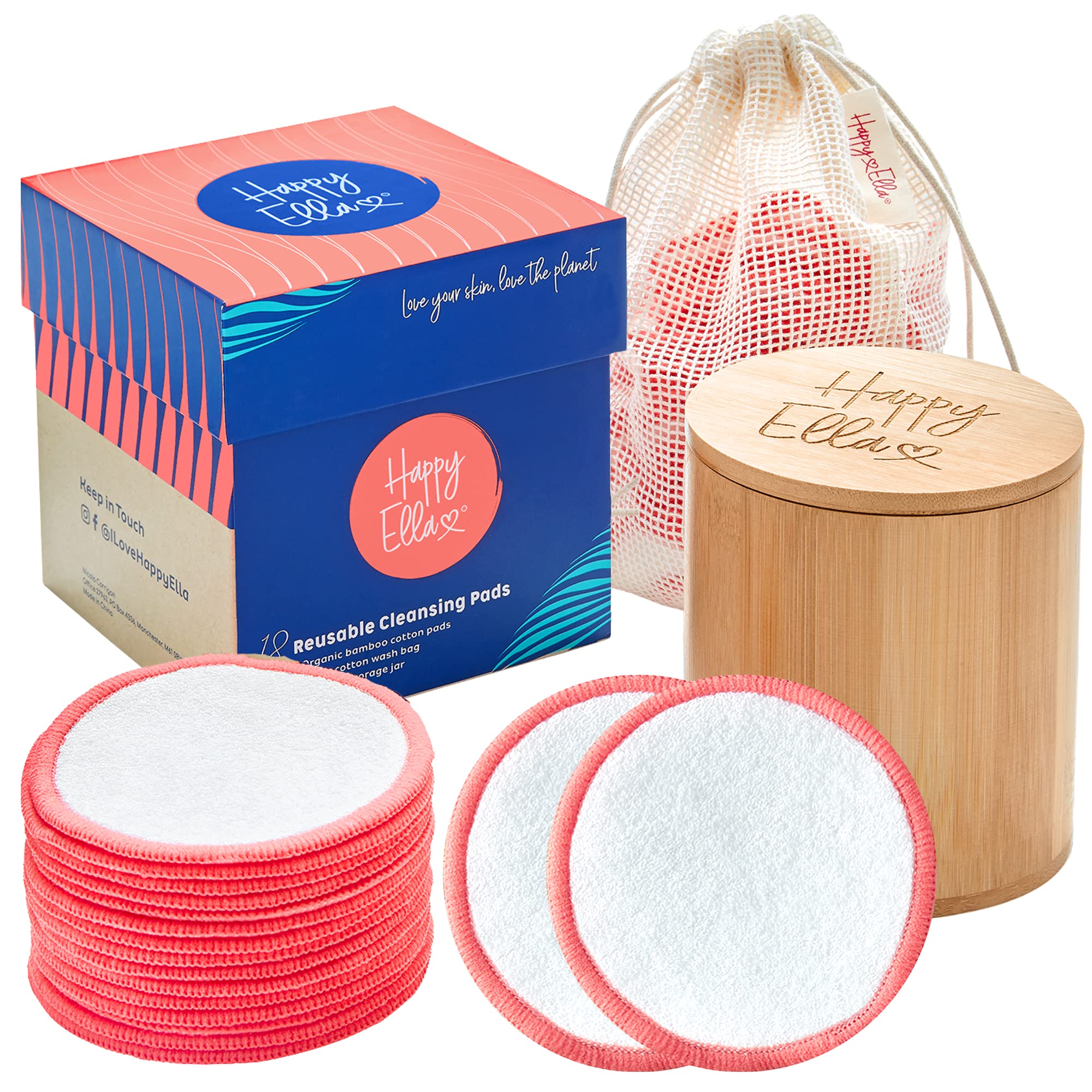 Reusable Cotton Pads x18 Pack - Organic Bamboo Cotton Make Up Remover Pads with Cotton Pad Holder and Large Laundry Bag. Eco Friendly Gifts, Make Up Gifts for Women by Happy Ella